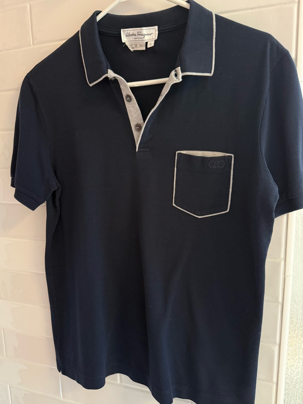 Salvatore Ferragamo Gancini Logo Navy Pocket Polo Shirt Men’s S Italy